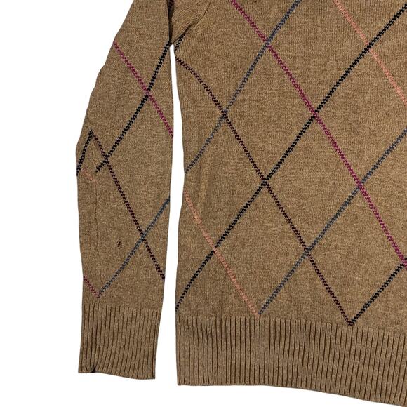 Tommy Hilfiger Mens Sweater Argyle Crewneck Brown Wool/Cotton Blend Distressed - Picture 2 of 8